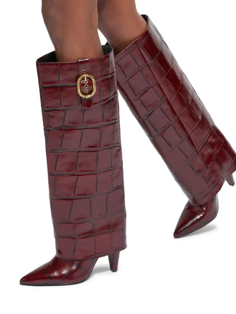 New Kurt Geiger 100mm Croc Embossed Fold Over Tall Boots in Wine
